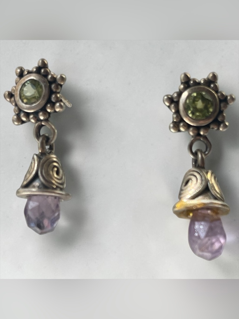 Sterling Silver Multi Faceted Peridot & Amethyst Drop Earrings
